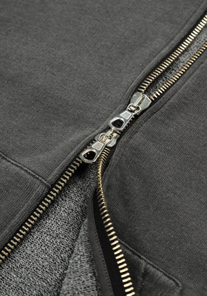 MKI Miyuki Zoku Uniform Zip Through Hoodie in Pigment Black. Shot at EQVVS.  Detail shot. 