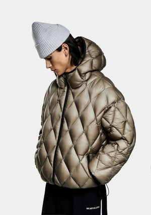 MKI Diamond Quilted Bubble Jacket. Khaki. Model shot. 