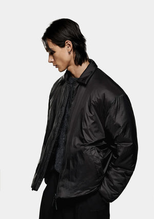 Insulated Loft Rider Jacket in Black by MKI MIYUKI ZOKU at EQVVS. Side Model Shot. 