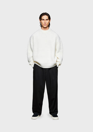 MKI Miyuki Zoku Chunky Rib Knit Crewneck Jumper in Off White. Model Front Shot.