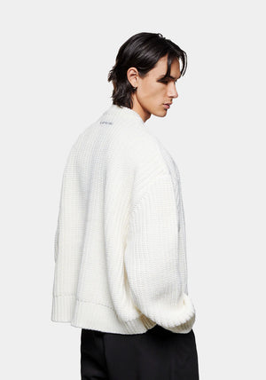 MKI Miyuki Zoku Chunky Rib Knit Crewneck Jumper in Off White. Model Back Angle Shot.