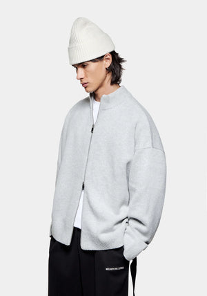 Mohair Blend Knit Track Jacket in Light Grey by MKI MIYUKI ZOKU at EQVVS Menswear. Side Model Shot.