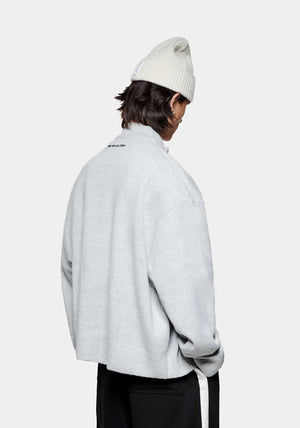 Mohair Blend Knit Track Jacket in Light Grey by MKI MIYUKI ZOKU at EQVVS Menswear. Side Model Shot.