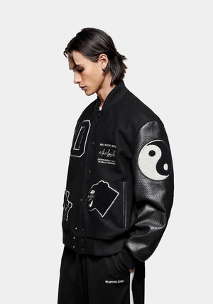 Black Patch Varsity Jacket MKI Miyuki Zoku. Model shot. 
