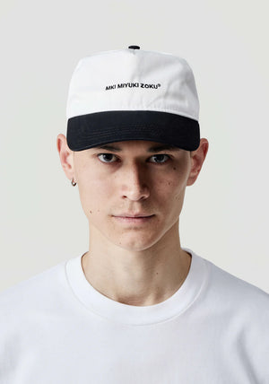 V2 Twill Ball Cap in Contrast White and Black by MKI MIYUKI ZOKU at EQVVS. Front Model Shot. 