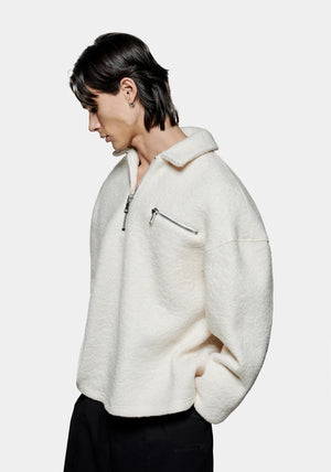 MKI Miyuki Zoku Boucle Quarter Zip Jumper Model Side Angle. 