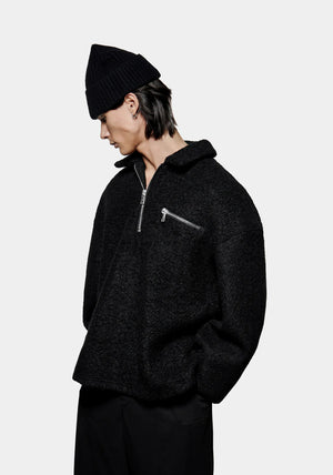 MKI Miyuki Zoku Boucle Overshirt in black. Side angle. 