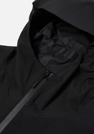 MKI MIYUKI ZOKU Relaxed Fit V2 Shell Hooded Jacket in Black at EQVVS Menswear. Detail Shot.