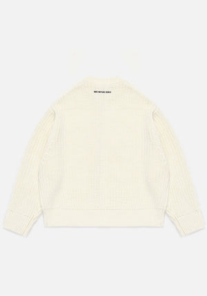 MKI Miyuki Zoku Chunky Rib Knit Crewneck Jumper in Off White. Model Angle Shot.