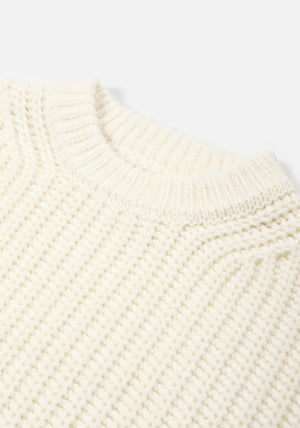 MKI Miyuki Zoku Chunky Rib Knit Crewneck Jumper in Off White. Front Neck Shot.