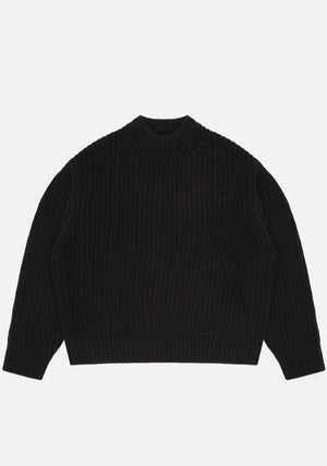 MKI Miyuki Zoku Chunky Rib Knit Crewneck Jumper in Black. Front Shot.