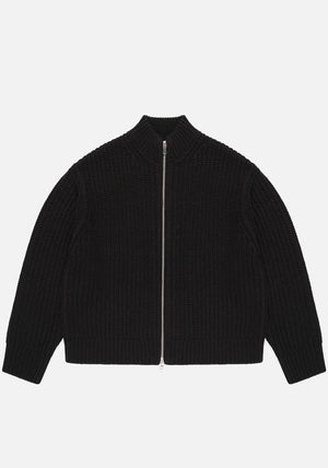 MKI Miyuki Zoku Chunky Rib Knit Track Jacket in Black at EQVVS. Flat Front Shot.