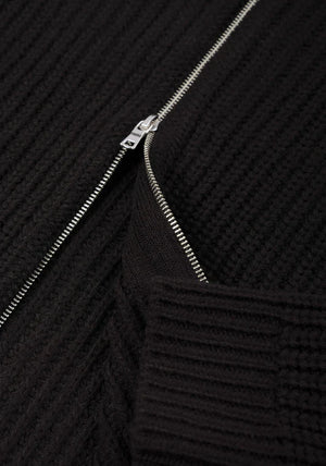 MKI Miyuki Zoku Chunky Rib Knit Track Jacket in Black at EQVVS. Flat Zip Shot.