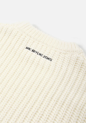 MKI Miyuki Zoku Chunky Rib Knit Crewneck Jumper in Off White. Embroidery Shot.