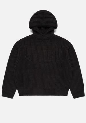 Chunky Rib Knit Hoodie in Black by MKI MIYUKI ZOKU at EQVVS Menswear. Front Flat Shot. 