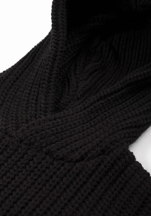 Chunky Rib Knit Hoodie in Black by MKI MIYUKI ZOKU at EQVVS Menswear. Detail Shot. 