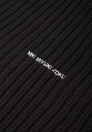 Chunky Rib Knit Hoodie in Black by MKI MIYUKI ZOKU at EQVVS Menswear. Detail Shot. 