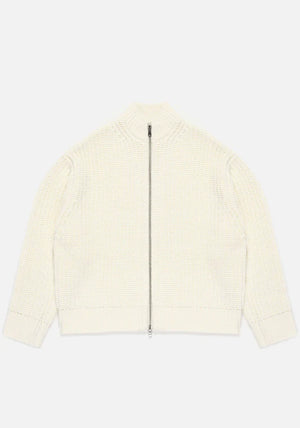 MKI Miyuki Zoku Chunky Rib Knit Track Jacket in Off White at EQVVS. Flat Front Shot.