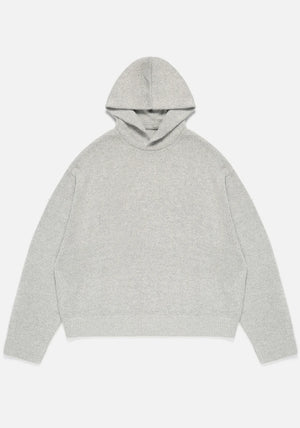 MKI MIYUKI ZOKU Mohair Blend Knit Hoodie in Light Grey at EQVVS Menswear. Front Flat Shot.