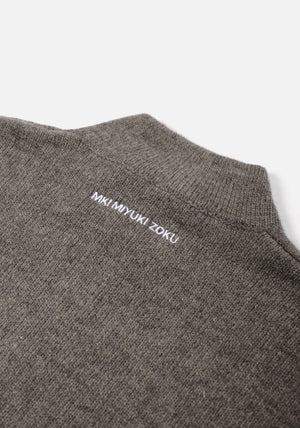 MKI MIYUKI ZOKU Mohair Blend Knit Track Jacket in Brown Marl at EQVVS Menswear. Detail Logo Shot. 