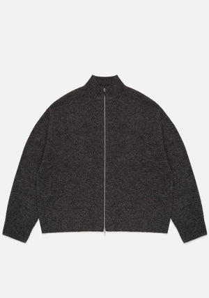 Mohair Blend Knit Track Jacket in Charcoal by MKI MIYUKI ZOKU at EQVVS Menswear. Flat Front Shot. 