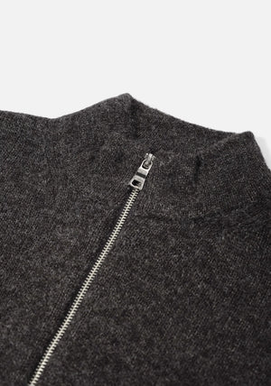 Mohair Blend Knit Track Jacket in Charcoal by MKI MIYUKI ZOKU at EQVVS Menswear. Zip Detail Shot. 