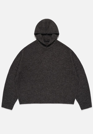 MKI MIYUKI ZOKU Mohair Blend Knit Hoodie in Charcoal at EQVVS Menswear. Front Flat Shot. 