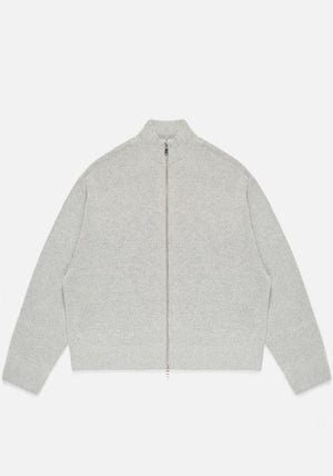 Mohair Blend Knit Track Jacket in Light Grey by MKI MIYUKI ZOKU at EQVVS Menswear. Front Flat Shot.