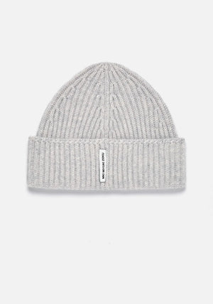 Grey MKI Cashmere Ribbed Beanie. EQVVS menswear. Front shot. 