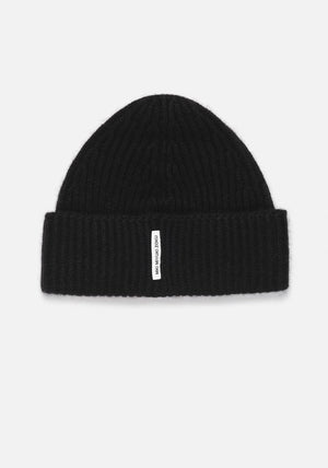 Black Cashmere Ribbed Beanie. MKI Miyuki Zoku. 