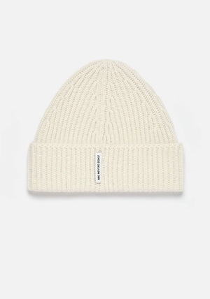 MKI Miyuki Zoku Off White Cashmere Ribbed Beanie at EQVVS Menswear. Main image. 