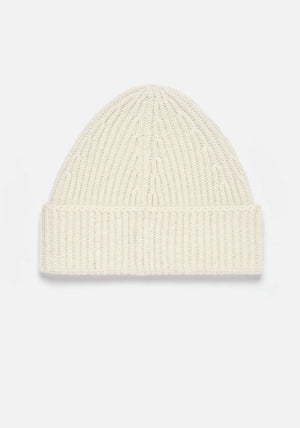 MKI Miyuki Zoku Off White Cashmere Ribbed Beanie at EQVVS Menswear. Reverse. 