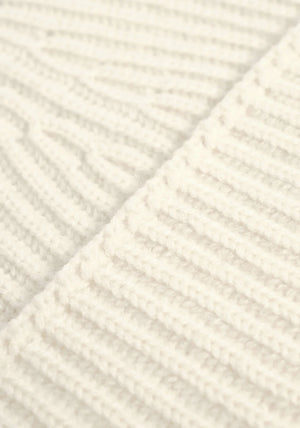 MKI Miyuki Zoku Off White Cashmere Ribbed Beanie at EQVVS Menswear. Close up. 