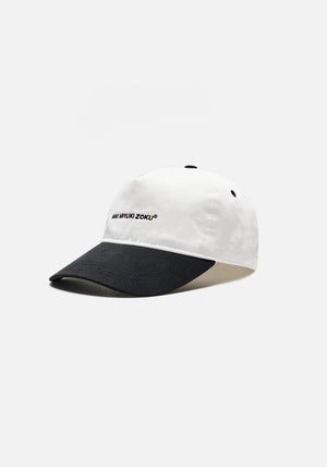 V2 Twill Ball Cap in Contrast White and Black by MKI MIYUKI ZOKU at EQVVS. Side Angle Shot. 