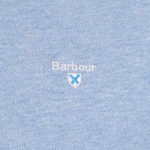 Barbour Tartan Placket Pique Polo in Sky Marl, shot at EQVVS Menswear. Logo shot.