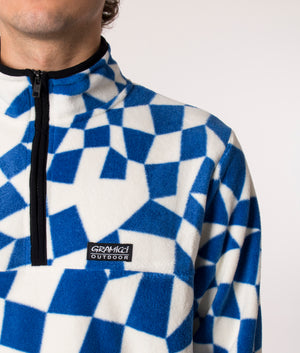  Gramicci Mock Neck Quarter Zip Fleece in Blue Check at EQVVS. Model detail 