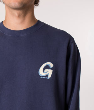 Gramicci Big G-Logo Sweatshirt in Blue, EQVVS. Model, detail. 