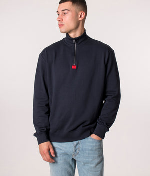 HUGO, Durty Quarter Zip Sweatshirt in Dark Blue, EQVVS. Model front. 