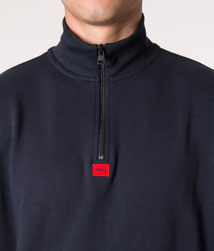 HUGO, Durty Quarter Zip Sweatshirt in Dark Blue, EQVVS. Model detail. 