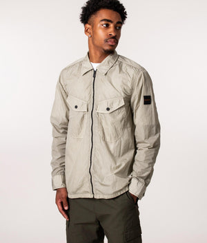 BOSS Zip Through Lovel 8 Overshirt in Grey, EQVVS. Model front.