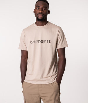 Carhartt WIP Script T-Shirt in Beige at EQVVS. Front Shot. 