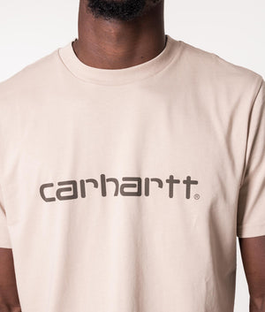 Carhartt WIP Script T-Shirt in Beige at EQVVS. Detail shot. 