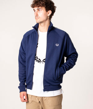 Fred Perry Taped Sleeve Track Top in Blue at EQVVS. Front Shot. 