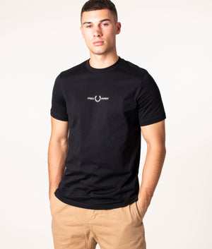 Fred Perry Embroidered T-Shirt in Black at EQVVS. Front Shot. 