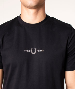 Fred Perry Embroidered T-Shirt in Black at EQVVS. Detail Shot. 