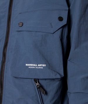 Marshall Artist Cotton Polyamide Overshirt in Blue at EQVVS. Model, detail. 