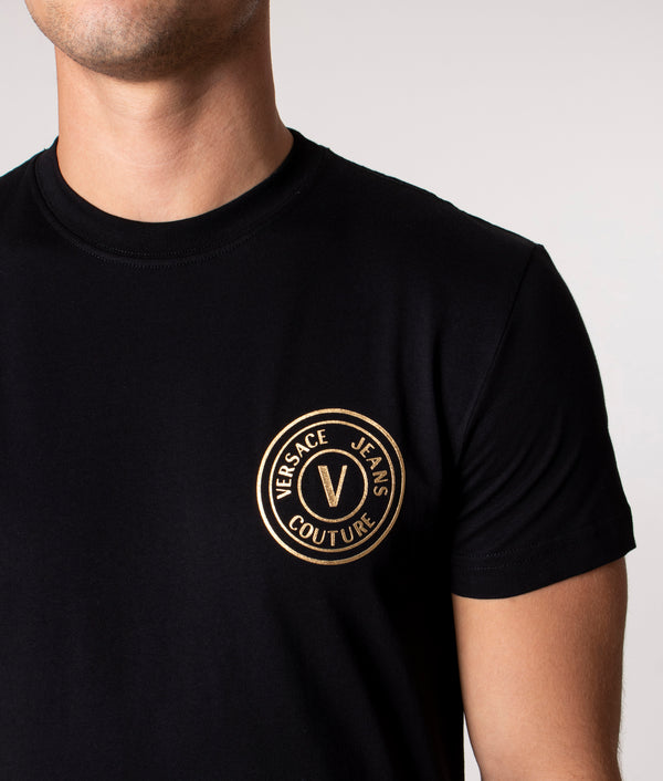 Small V Emblem Thick Foil T-shirt Black and Gold | Versace Jeans